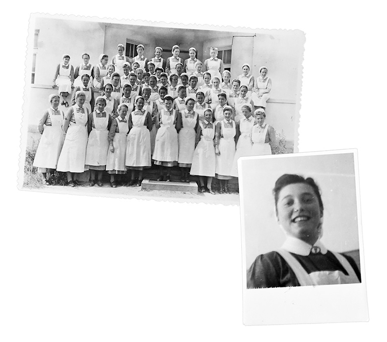 Zwei Bilder, die während des zweiten Weltkriegs entstanden sind. Das erste ist ein Gruppenfoto von Krankenschwestern mit langen Kleidern und den typischen Kitteln und Häubchen. Sie stehen vor dem Eingang eines Krankenhauses. Das zweite Foto ist ein Porträt einer jungen Krankenschwester im gleichen Gewand.