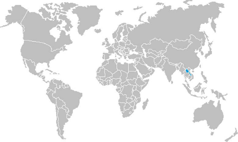 Auf einer Weltkarte ist die Volksrepublik Laos markiert.