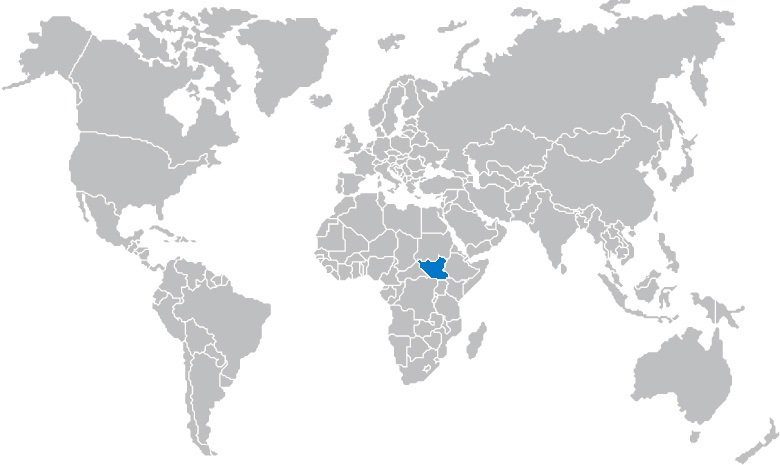 Auf einer Weltkarte ist der Südsudan markiert.